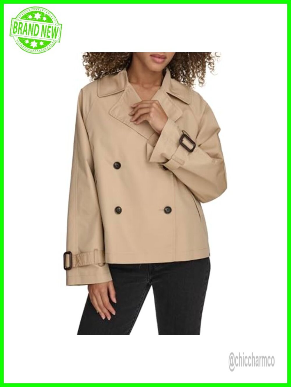Short Double Breasted Trench Coat Button Front Adjustable Cuffs